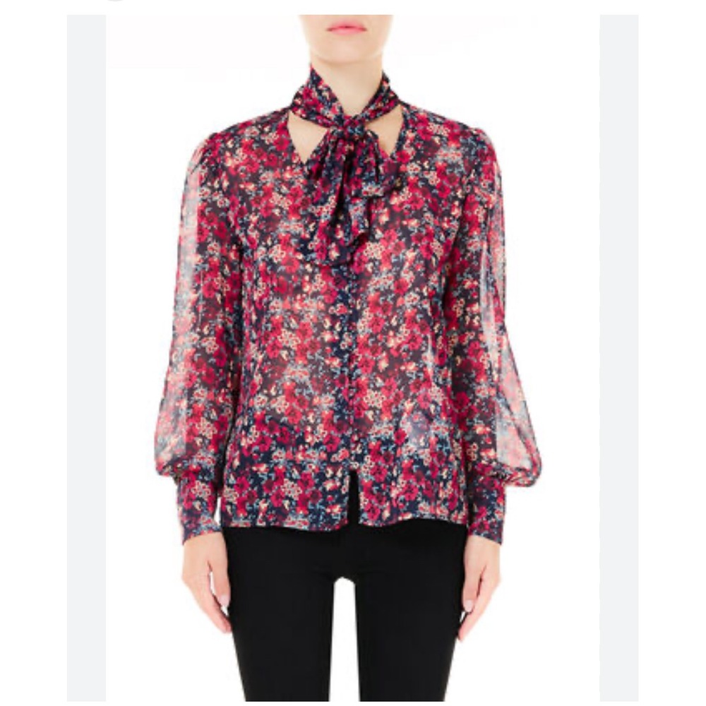Liu-Jo blouse with a red and blue floral print and a‎ bow neckline size 6